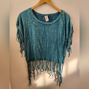 Freeloader Women's Turquoise Dyed Western Fringe Short Sleeve Shirt Size Small‎